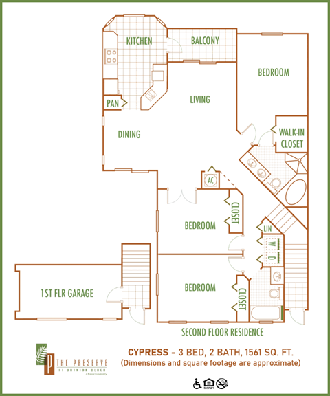 Floor plan for 3 beds, 2 baths, 1544 sqft
