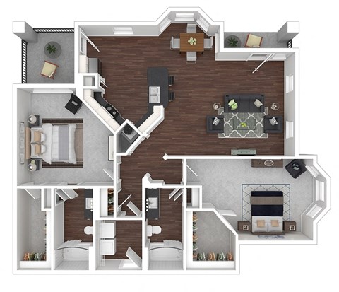 Floor plan for 2 beds, 2 baths, 1299 sqft