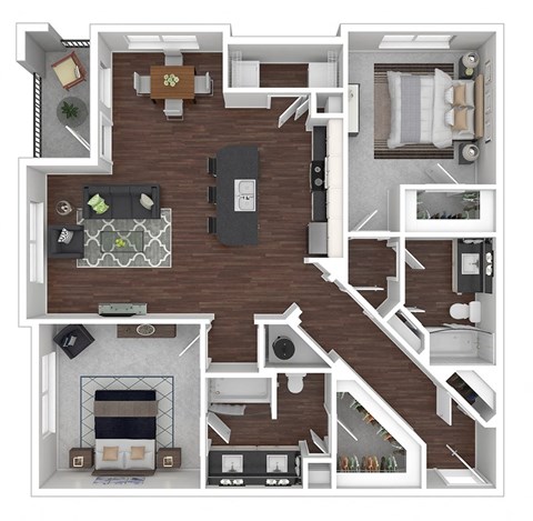 Floor plan for 2 beds, 2 baths, 1265 sqft