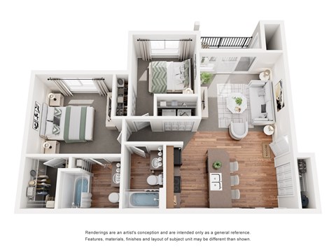 Floor plan for 2 beds, 2 baths, 962 sqft
