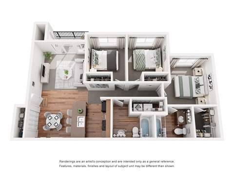 Floor plan for 3 beds, 2 baths, 1101 sqft