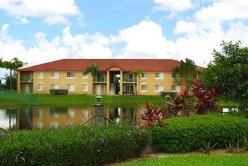 Lake and landscape near building