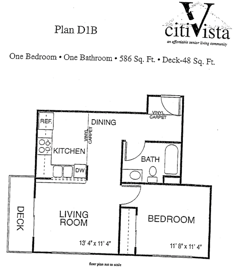 Floor plan for 1 bed, 1 bath, 586 sqft