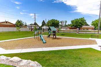 Playground with play equipment and grass