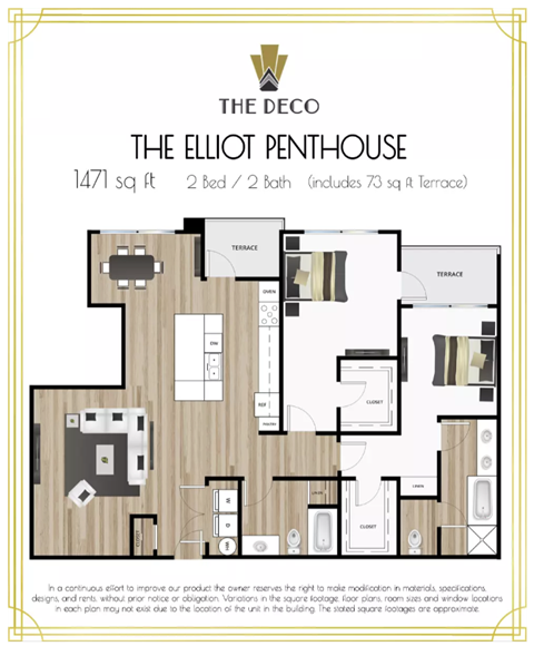 Floor plan for 2 beds, 2 baths, 1398 sqft