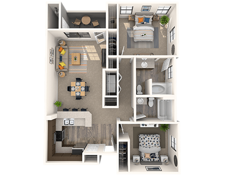 Floor plan for 2 beds, 2 baths, 980 sqft