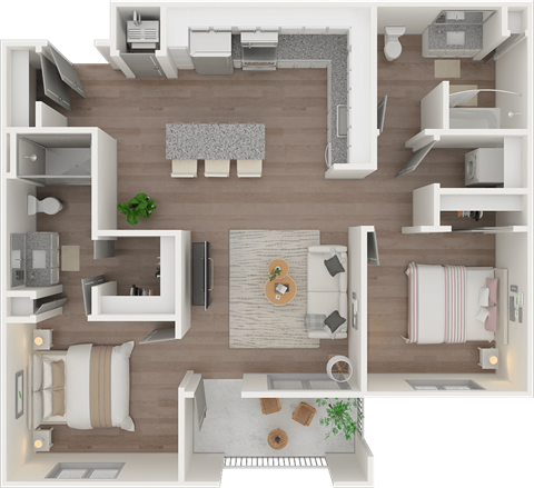 Floor plan for 2 beds, 2 baths, 953 sqft