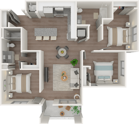 Floor plan for 3 beds, 2 baths, 1143 sqft