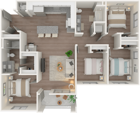 Floor plan for 4 beds, 2 baths, 1336 sqft