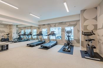 A gym with treadmills, exercise bikes, and elliptical machines