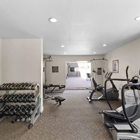 Sherman Oaks apartment for rent - A gym with a variety of equipment including weights, a bench, and a treadmill.