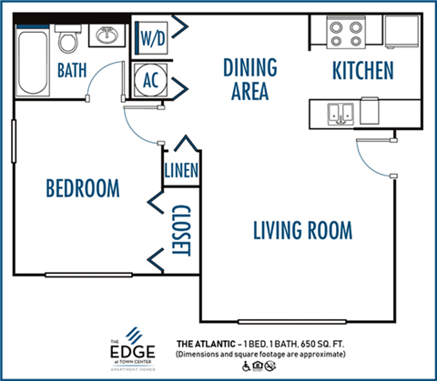Floor plan for 1 bed, 1 bath, 650 sqft