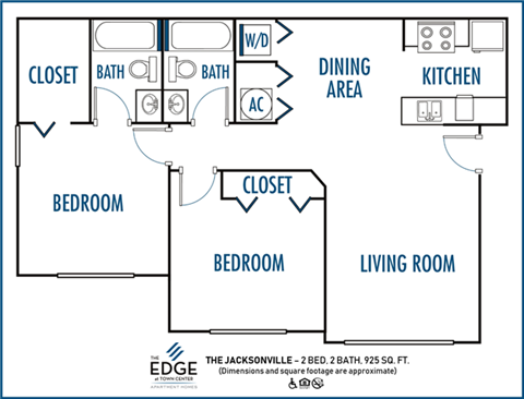 Floor plan for 2 beds, 2 baths, 925 sqft