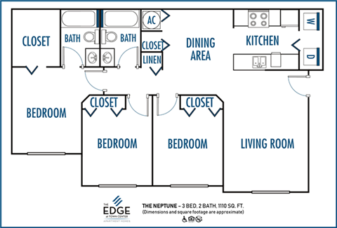 Floor plan for 3 beds, 2 baths, 1110 sqft