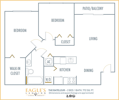 Floor plan for 2 beds, 1 bath, 772 sqft