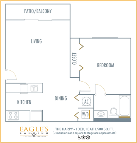 Floor plan for 1 bed, 1 bath, 658 sqft