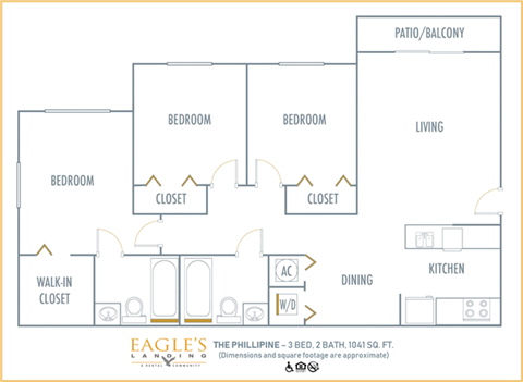 Floor plan for 3 beds, 2 baths, 1041 sqft