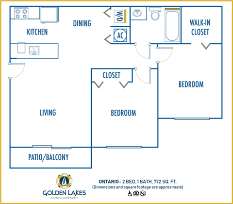 Floor plan for 2 beds, 1 bath, 772 sqft