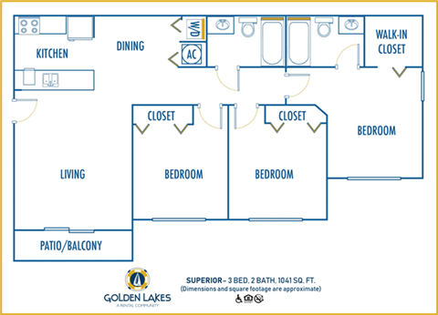 Floor plan for 3 beds, 2 baths, 1041 sqft