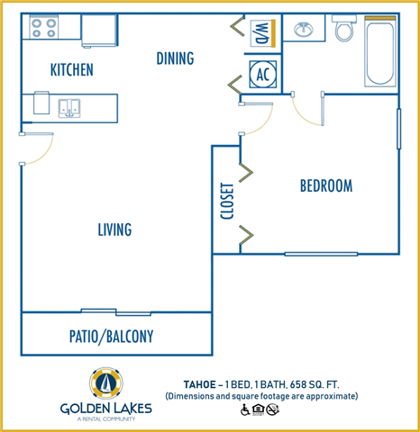 Floor plan for 1 bed, 1 bath, 658 sqft