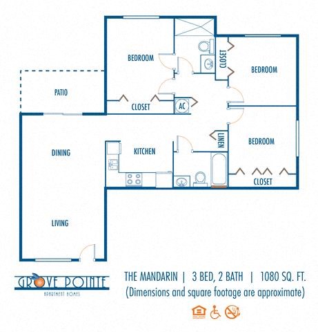 Floor plan for 3 beds, 2 baths, 1045 sqft