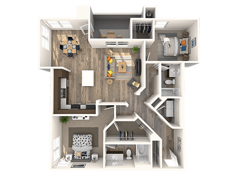 Floor plan for 2 beds, 2 baths, 1155 sqft