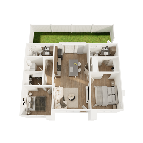 Floor plan for 2 beds, 2 baths, 897 sqft