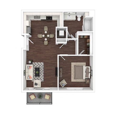 Floor plan for 1 bed, 1 bath, 658 sqft