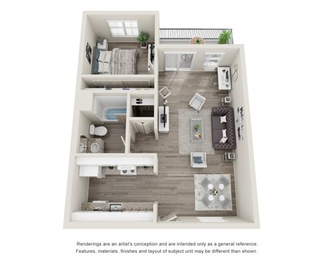 Floor plan for 1 bed, 1 bath, 664 sqft