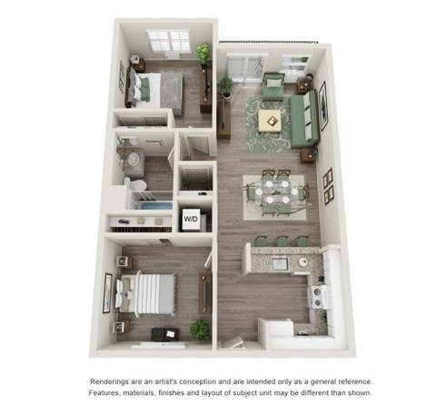 Floor plan for 2 beds, 1 bath, 864 sqft