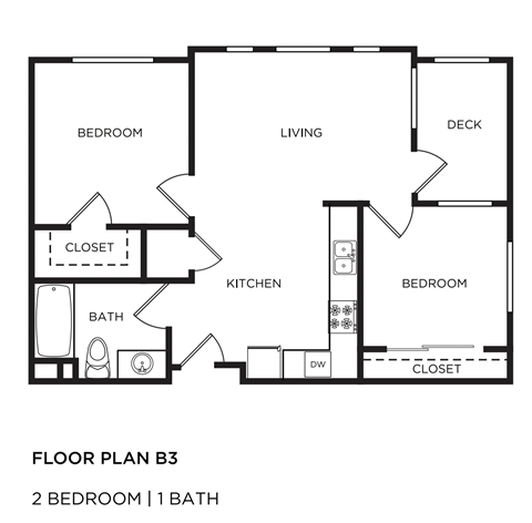 Floor plan for 2 beds, 1 bath, 873 sqft