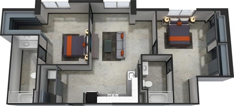 Floor plan for 2 beds, 2 baths, 981 sqft