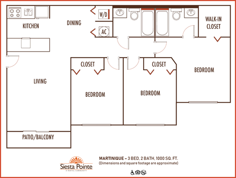Floor plan for 3 beds, 2 baths, 1041 sqft