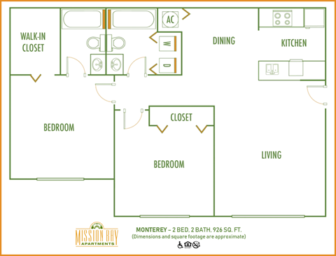 Floor plan for 2 beds, 2 baths, 924 sqft