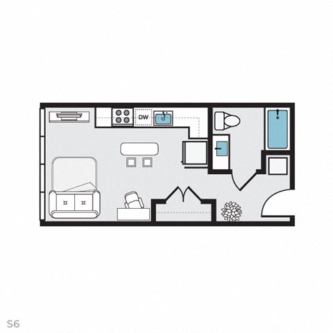 Floor plan for studio, 1 bath, 377 sqft