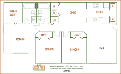 Floor plan for 3 beds, 2 baths, 1160 sqft