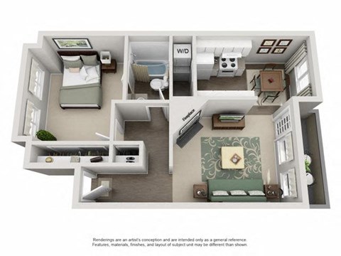 Floor plan for 1 bed, 1 bath, 643 sqft