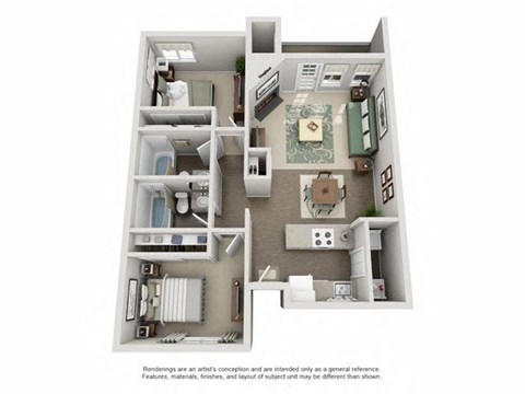Floor plan for 2 beds, 2 baths, 975 sqft
