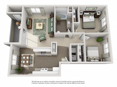 Floor plan for 2 beds, 1 bath, 830 sqft