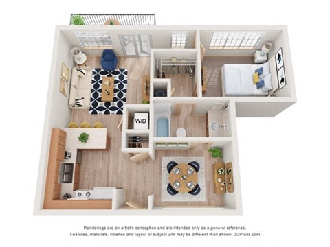 Floor plan for 1 bed, 1 bath, 640 sqft