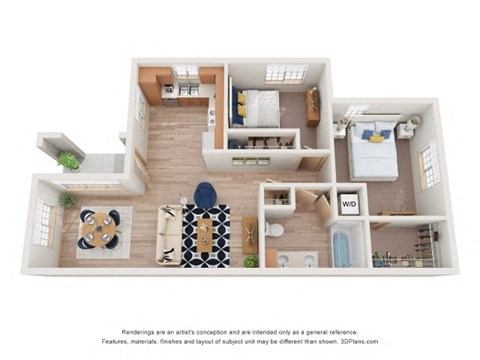 Floor plan for 2 beds, 1 bath, 931 sqft
