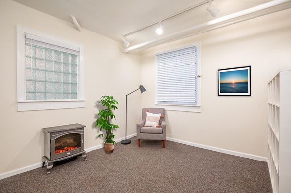 Portland apartment for rent - A living room with a grey couch, a plant, a fireplace, and a painting on the wall.at Palladian Apartments, Portland, 97201 ? 
