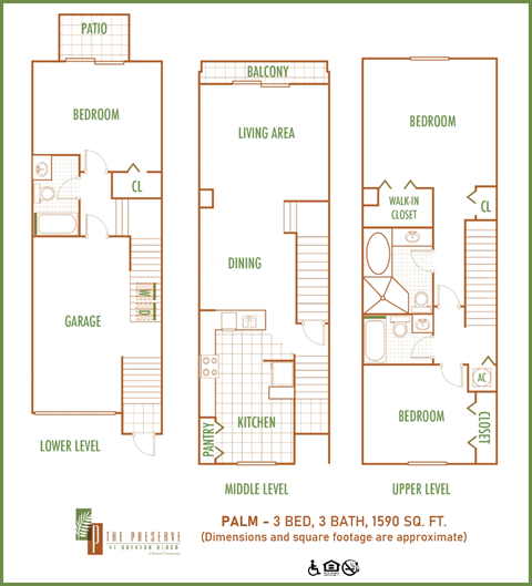 Floor plan for 3 beds, 3 baths, 1590 sqft