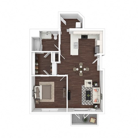 Floor plan for 1 bed, 1 bath, 697 sqft