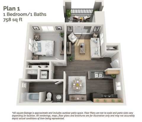 Floor plan for 1 bed, 1 bath, 754 sqft