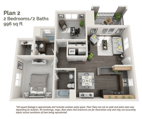 Floor plan for 2 beds, 2 baths, 987 sqft