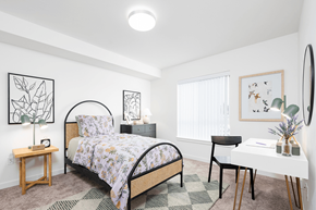 Shoreline apartment for rent - a bedroom with a bed and a desk at QUINN BY VINTAGE, Shoreline, WA, 98155