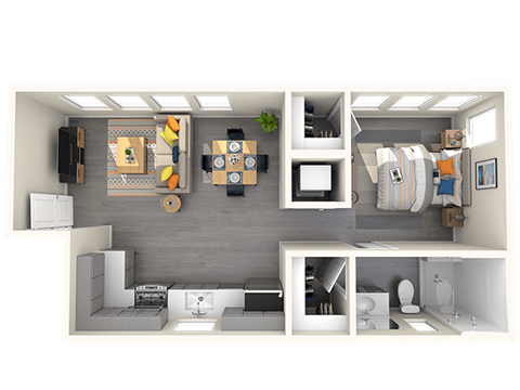 Floor plan for 1 bed, 1 bath, 650 sqft