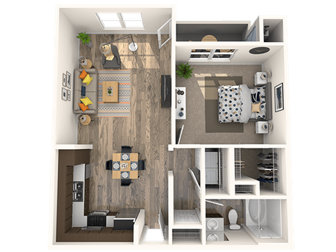 Floor plan for 1 bed, 1 bath, 749 sqft