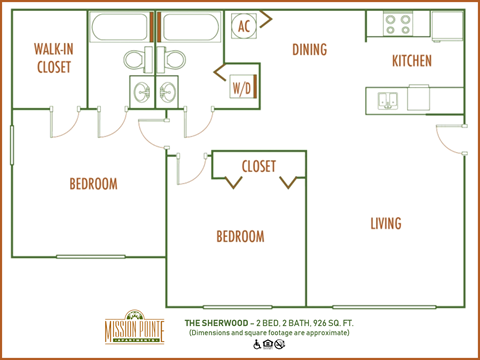 Floor plan for 2 beds, 2 baths, 930 sqft